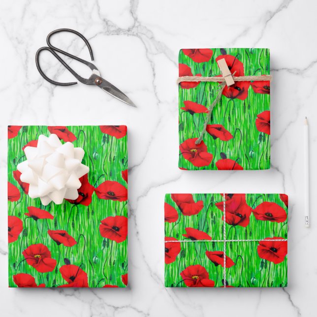 Feuille De Papier Cadeau Pépites rouges dans un champ vert (Recto)