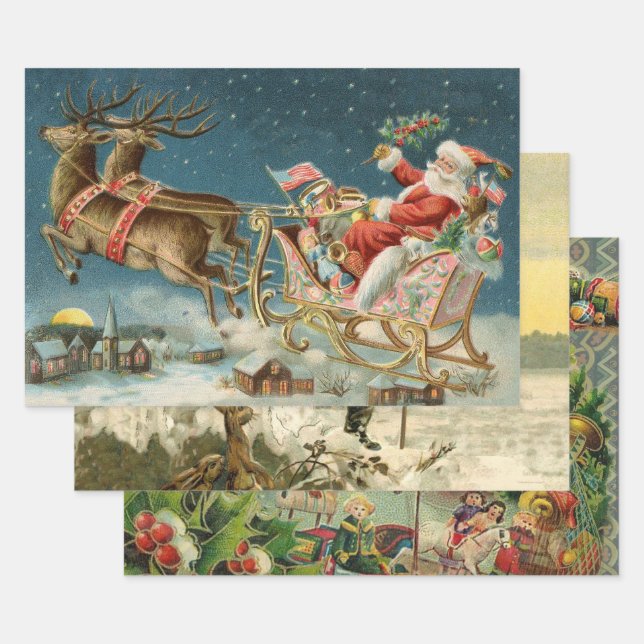 Feuille De Papier Cadeau Père Noël Antique Sleigh Reindeer (Lot)