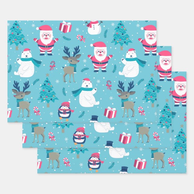 Feuille De Papier Cadeau Père Noël Et Ours Polaire (Lot)