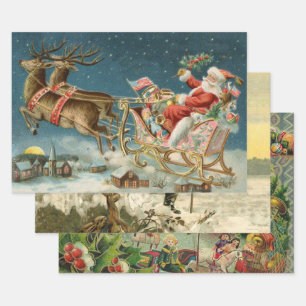 Feuille De Papier Cadeau Père Noël Noël Antique Traîneau Renne