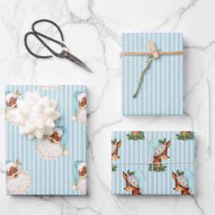 Feuille De Papier Cadeau Père Noël noir vintage et renne rayure turquoise