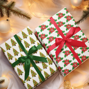 Feuille De Papier Cadeau Père Noël Owl, Christmas Tree & Poinsettia