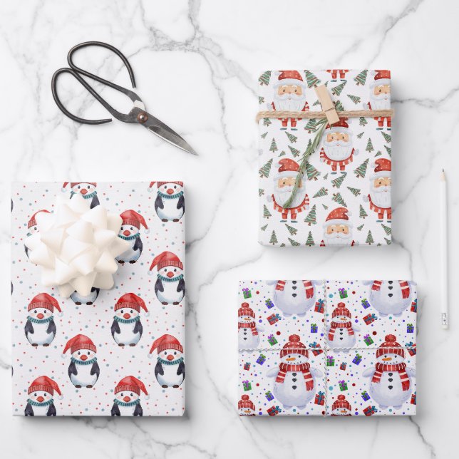Feuille De Papier Cadeau Père Noël, Snowman, Penguin Thème de Noël (Recto)