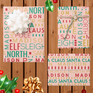 Feuille De Papier Cadeau Père Noël Typographie Rouge Vert Enfants Nom Noël