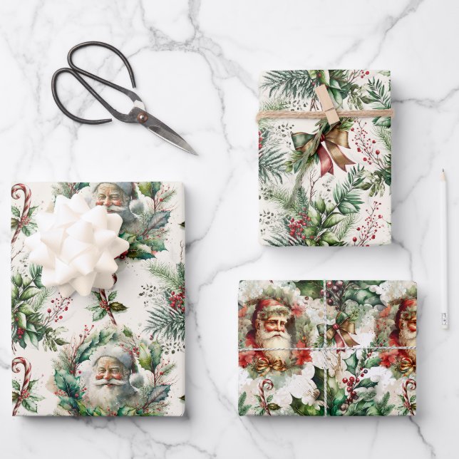 Feuille De Papier Cadeau Père Noël victorien avec Holly (Recto)
