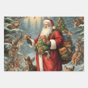 Feuille De Papier Cadeau Père Noël victorienne avec animaux présents et for