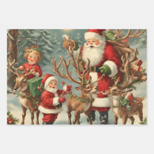 Feuille De Papier Cadeau Père Noël vintage avec enfants, rennes et cadeaux