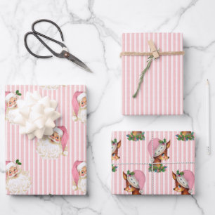 Feuille De Papier Cadeau Père Noël vintage et renne rayure rose