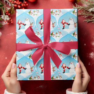 Feuille De Papier Cadeau Père Noël Whimsical Jouer Golf, Snowman Et Rennes