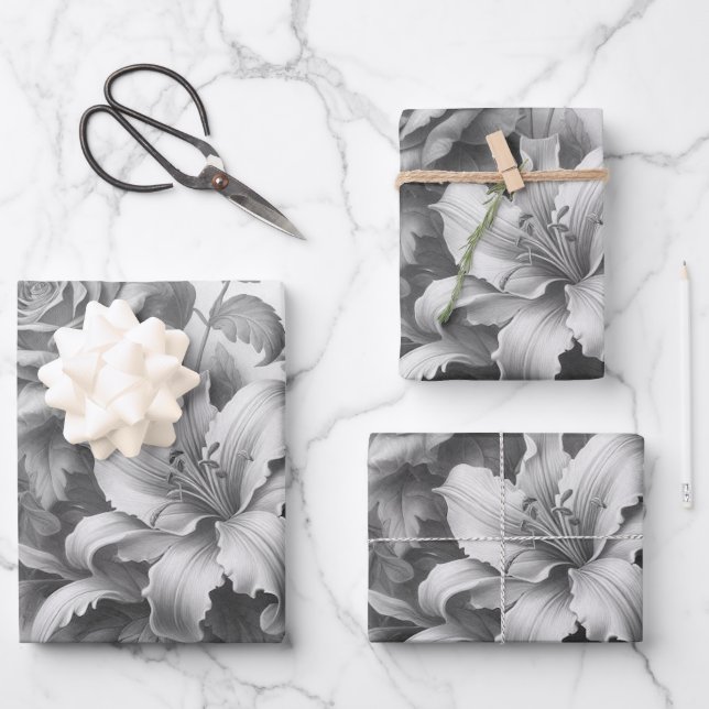 Feuille De Papier Cadeau Perfection florale noire et blanche (Recto)