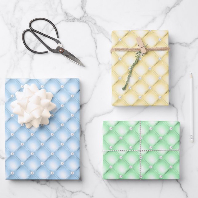 Feuille De Papier Cadeau Perles touffetées bleues, jaunes et vertes (Recto)
