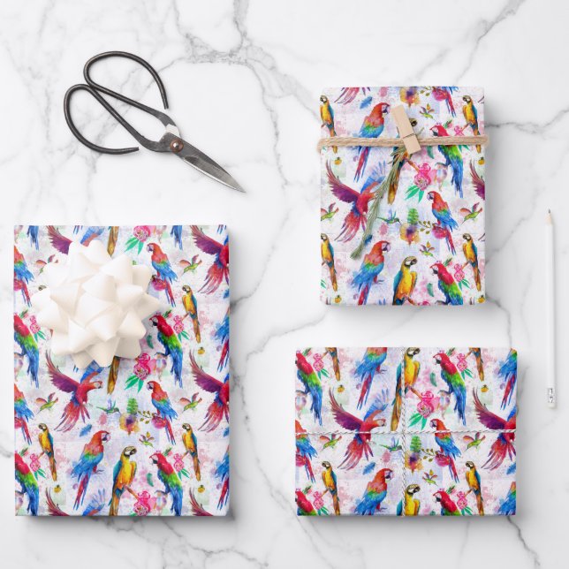 Feuille De Papier Cadeau Perroquets de style aquarelle (Recto)