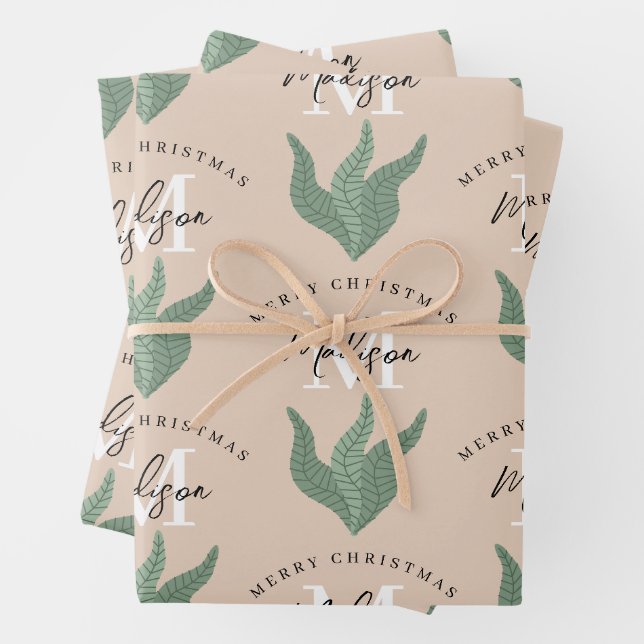 Feuille De Papier Cadeau Personalized Merry Christmas Boho Leaves Monogram  (En situation)