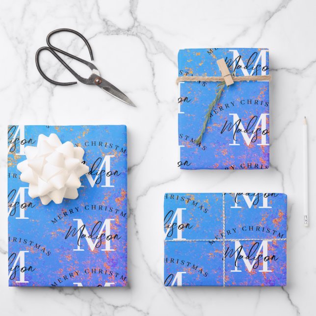 Feuille De Papier Cadeau Personalized Merry Christmas Purple Gold Monogram  (Recto)