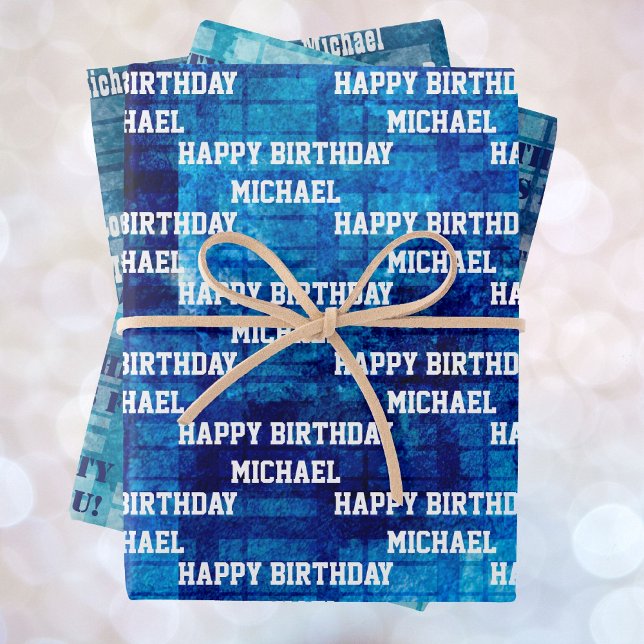 Feuille De Papier Cadeau Personnaliser Hommes Anniversaire Dit 3 Bleu (Créateur téléchargé)