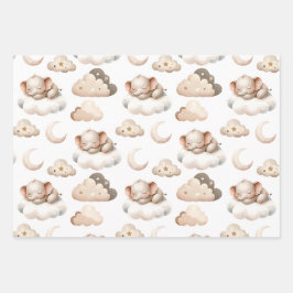 Feuille De Papier Cadeau Petit Éléphant Dormir, Nuages, Étoiles