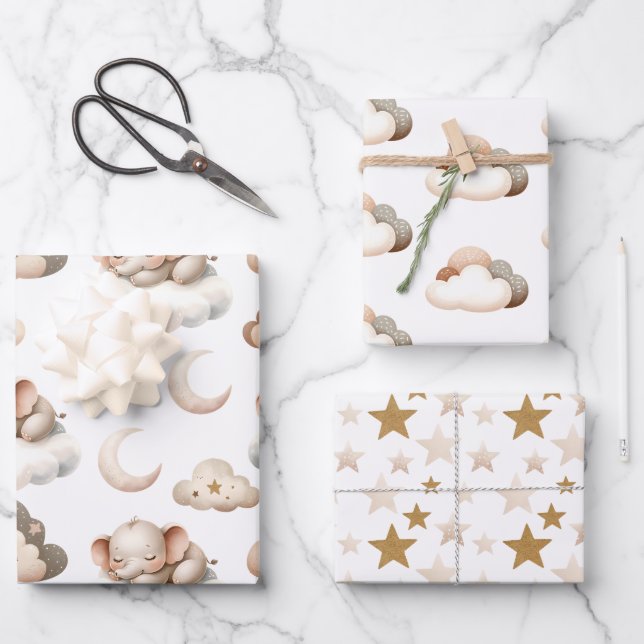 Feuille De Papier Cadeau Petit Éléphant Dormir, Nuages, Étoiles (Recto)