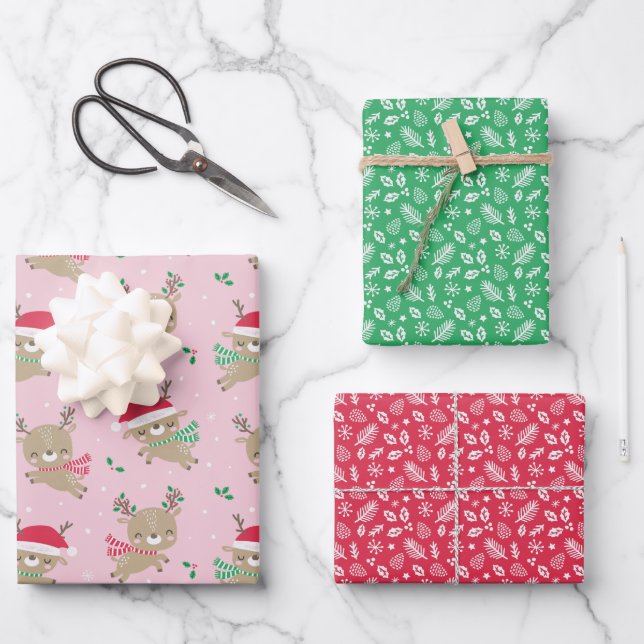 Feuille De Papier Cadeau Petit renne de Noël mignon rose (Recto)