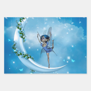 Feuille De Papier Cadeau Petite fée dansant sur la lune