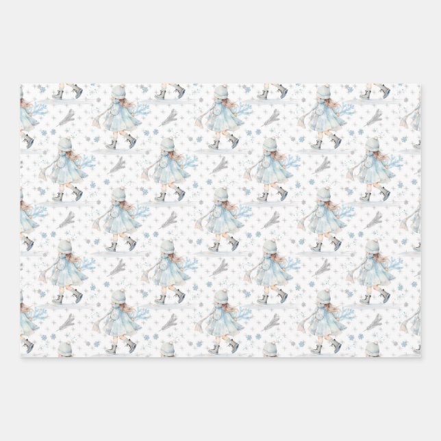 Feuille De Papier Cadeau Petite fille de Noël bleue (Devant)