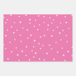Feuille De Papier Cadeau Petites étoiles arc-en-ciel en rose et blanc
