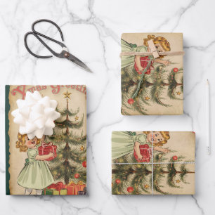 Feuille De Papier Cadeau Petites filles de pins vintages présentent des flo