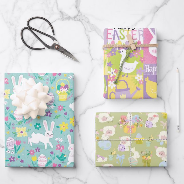 Feuille De Papier Cadeau Petits Agneaux Et Bunnies (Recto)