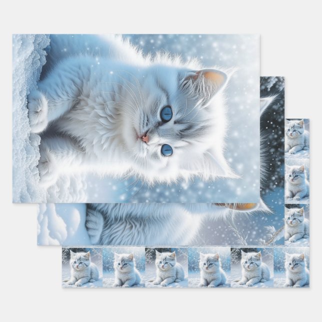 Feuille De Papier Cadeau Petits chatons blancs à Noël de neige (Lot)