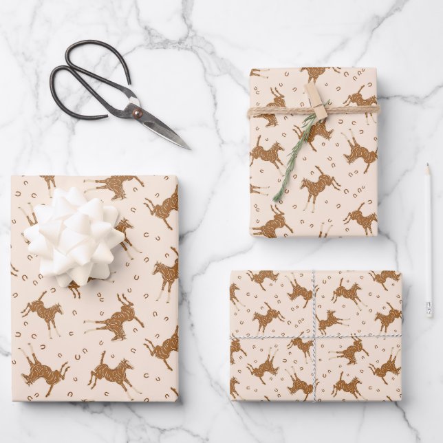 Feuille De Papier Cadeau Petits Chevaux Brown - sur rose saumon. (Recto)