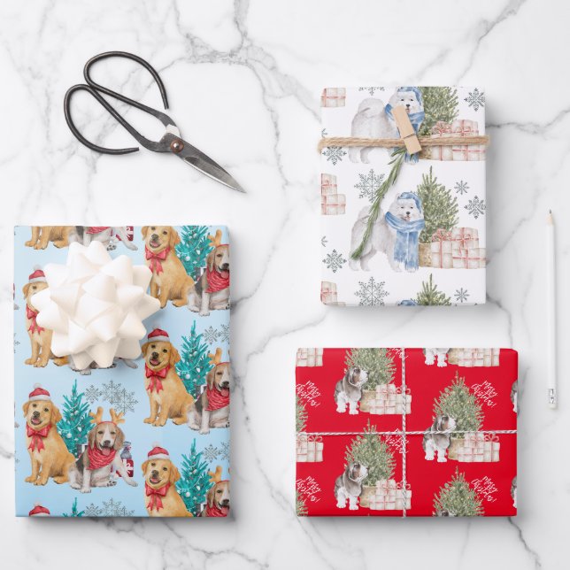 Feuille De Papier Cadeau Petits chiots de Noël avec cadeaux (Recto)