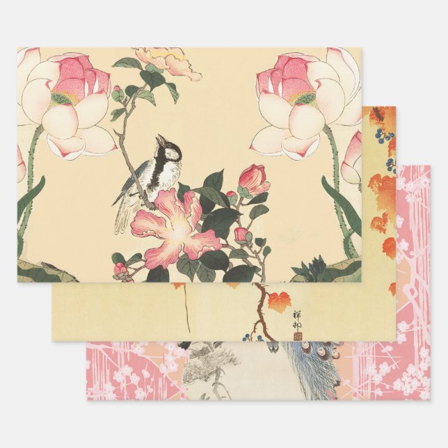 FEUILLE DE PAPIER CADEAU PETITS OISEAUX, COCHERS DE PEAU, ROSES ROSES ROSES (Lot)