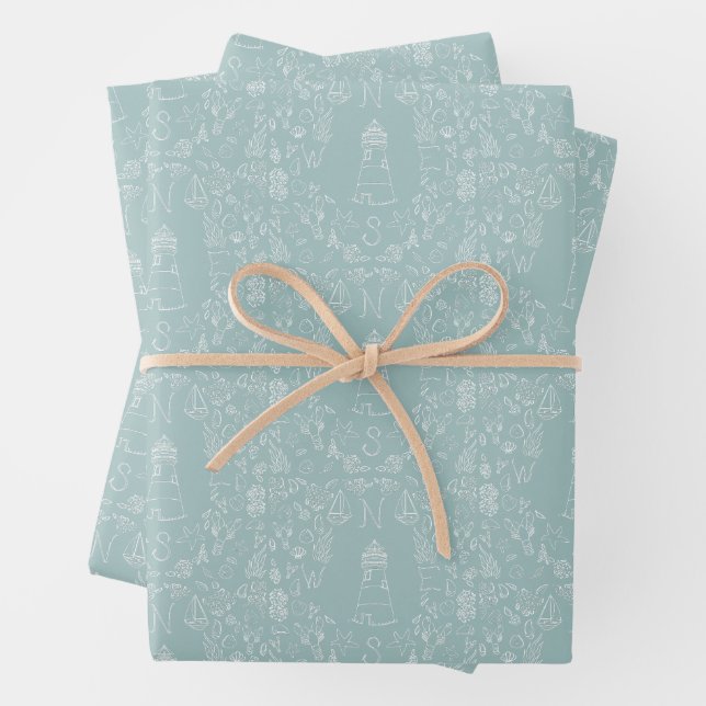 Feuille De Papier Cadeau Phare Simple de la Côte Maritime Boussole Naútico (En situation)