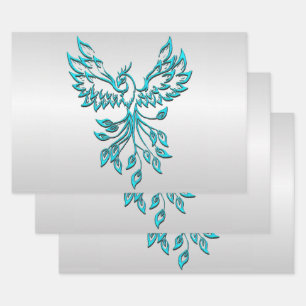 Feuille De Papier Cadeau Phoenix bleu turquoise sur Argent