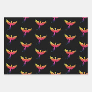 Feuille De Papier Cadeau Phoenix lever multicolore sur noir