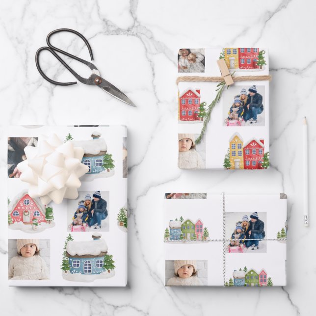Feuille De Papier Cadeau Photo Collage avec maisons enneigées (Recto)
