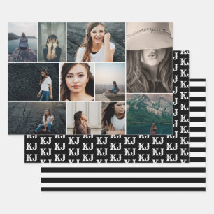 Feuille De Papier Cadeau Photo Collage Monogramme noir blanc