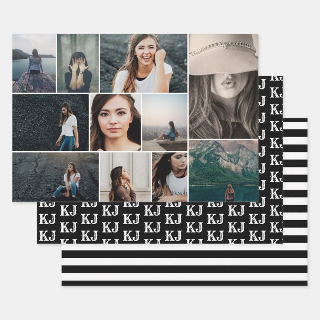 Feuille De Papier Cadeau Photo Collage Monogramme noir blanc (Lot)