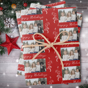 Feuille De Papier Cadeau Photo de famille Foliage Noël Joyeux Noël Rouge