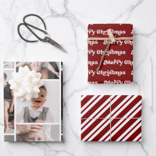 Feuille De Papier Cadeau Photo de Noël Joyeux Moderne Collage Candy Stripes