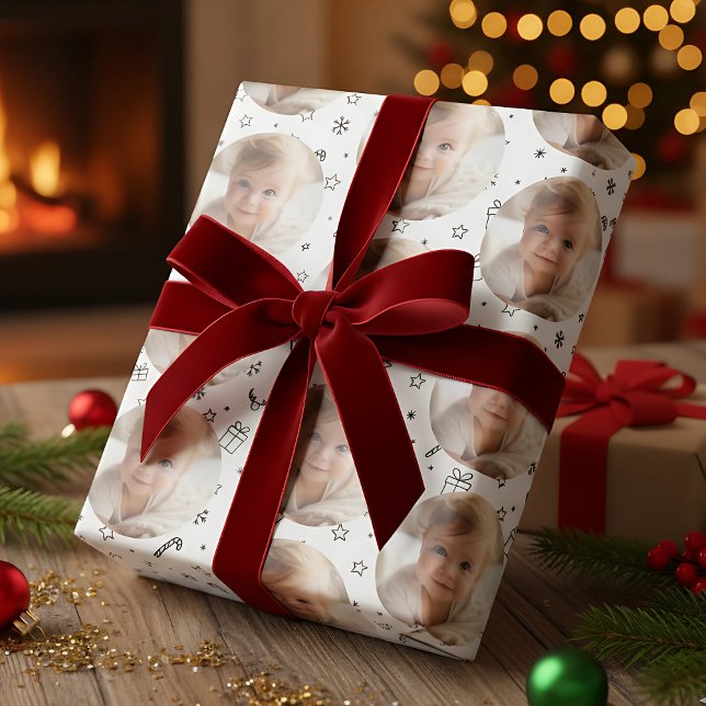 Feuille De Papier Cadeau Photo de Noël noir et blanc personnalisée (Photo Christmas Wrapping Paper)