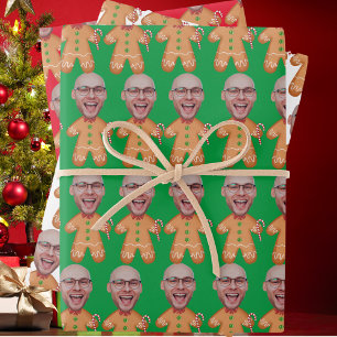 Feuille De Papier Cadeau Photo personnalisée Visage pain d'épice drôle Noël