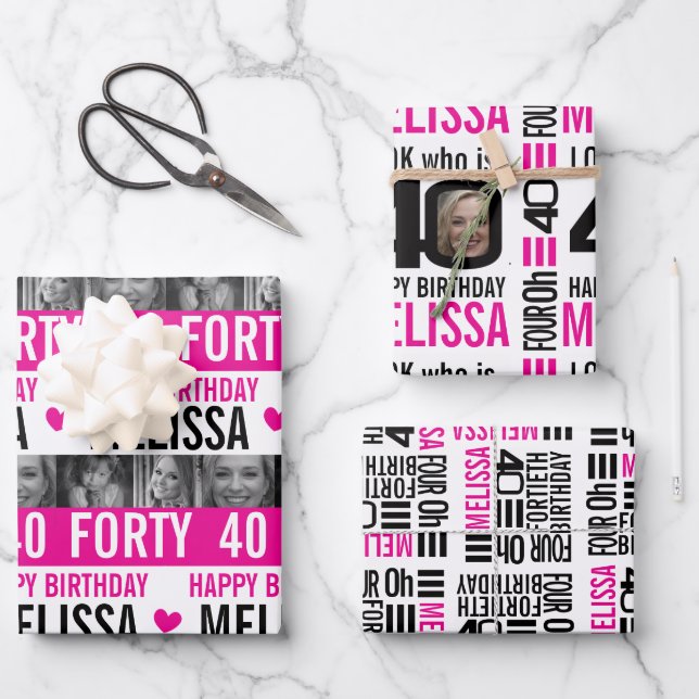 Feuille De Papier Cadeau Photos de 40e anniversaire noir blanc rose chaud (Recto)