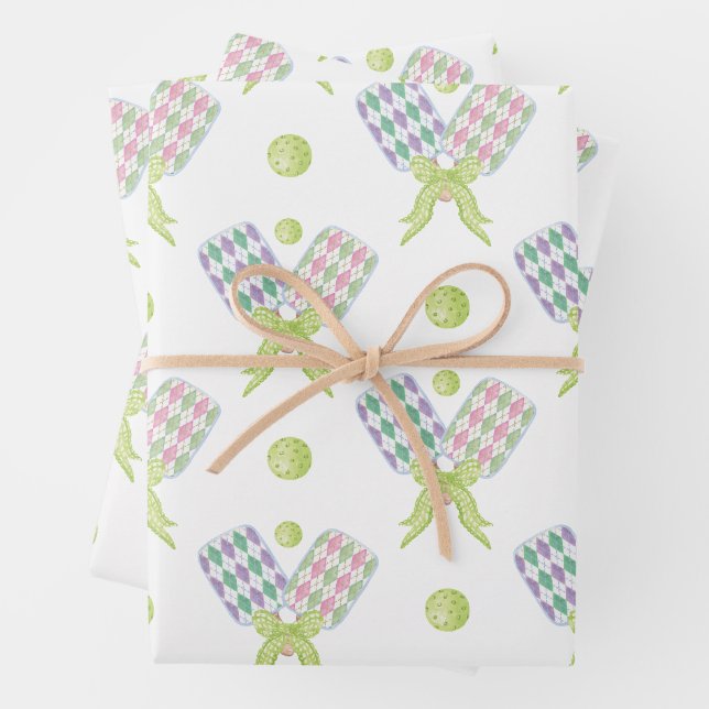 Feuille De Papier Cadeau Pickleball Paddles de Jacquard d'aquarelle Preppy (En situation)