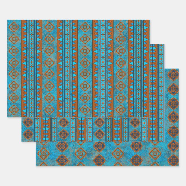 Feuille De Papier Cadeau Pics Turquoise géométrique du sud-ouest (Lot)
