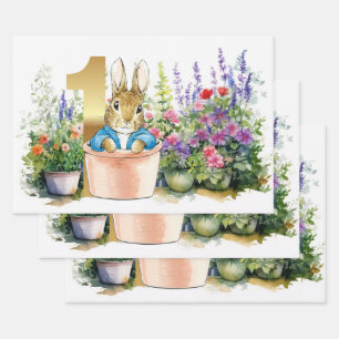 Feuille De Papier Cadeau Pierre le lapin dans un pot premier anniversaire