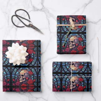 Feuille De Papier Cadeau Pierres et tiges Crâne et Rose