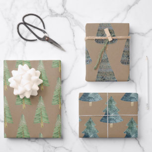 Feuille De Papier Cadeau Pin et épinettes peints à la main rustique Kraft