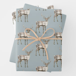 Feuille De Papier Cadeau Pine de Noël Vert Cerf Rustique