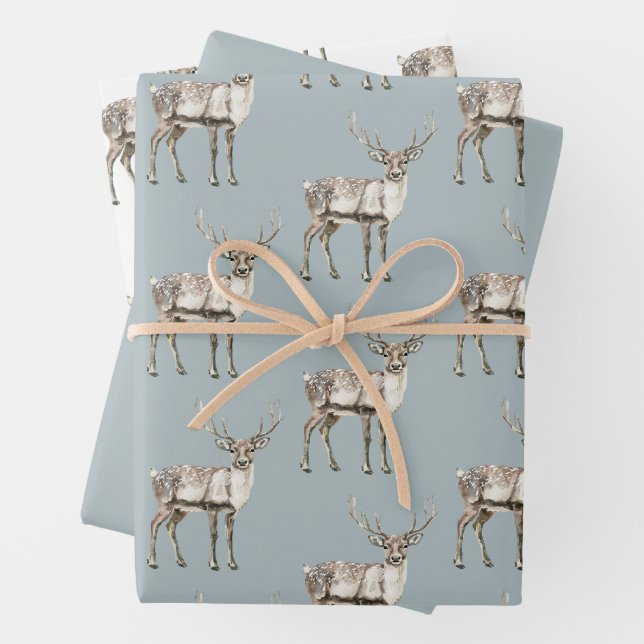 Feuille De Papier Cadeau Pine de Noël Vert Cerf Rustique (En situation)