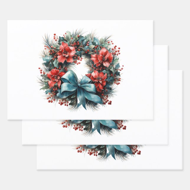 Feuille De Papier Cadeau Pine Wreath avec Holly Christmas (Lot)